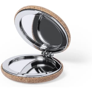A compact pocket mirror with a shiny interior and a textured cork exterior. It has a circular shape and opens to reveal two mirrors.