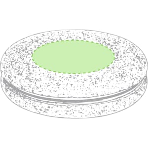 A circular pocket mirror with a green centre and a textured, white outer casing. It has a branded logo.