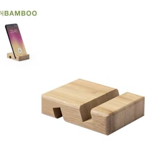 A bamboo phone stand with a sleek design, featuring a slot for a mobile device. It has a natural wood finish and a logo.