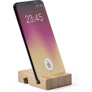 A wooden phone stand with a sleek design holding a smartphone displaying a gradient screen. Features a logo.