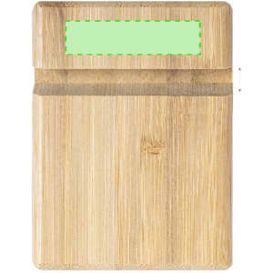 A bamboo phone stand featuring a smooth, natural finish and a small cut-out area. It has a logo on the surface.