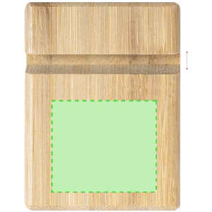 A bamboo phone stand with a natural finish, featuring a logo and a green highlighted area.