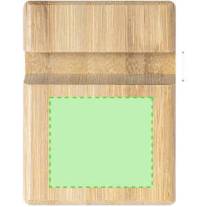 A bamboo phone holder with a smooth surface and a green inlay area, featuring a logo.