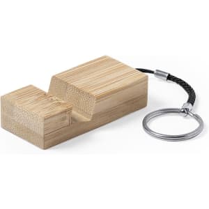 A bamboo keyring holder featuring a sleek design with a silver metal ring and braided black cord.