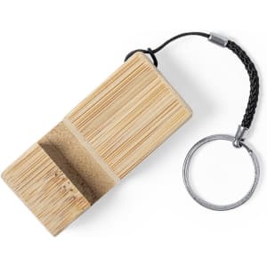 A bamboo keyring holder with a black attachment cord and a metal ring. Simple, eco-friendly design.
