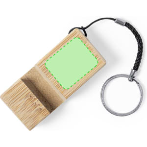 A rectangular bamboo keyring holder with a circular metal keyring attached, featuring a blank green area.