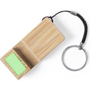 A bamboo keyring with a black strap and a metal ring, featuring a rectangular area for customisation.