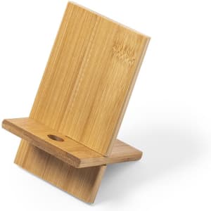 A bamboo phone stand featuring a sleek design with a natural finish and a built-in hole for cable management.