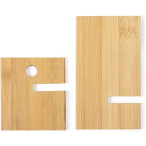Two bamboo phone stands in natural wood colour, featuring cut-out designs and a subtle logo on one stand.