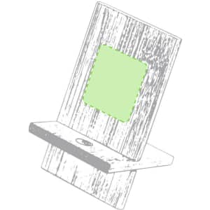 A wooden phone stand with a light green section for device placement. The stand features a small hole and has a logo.
