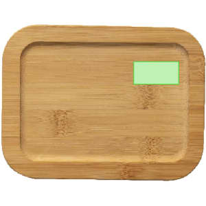 A bamboo lunch box in a natural wood finish featuring a smooth surface and curved edges. It has a branding logo.