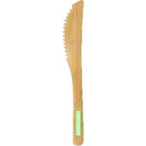 A bamboo knife with a serrated edge and a green accent on the handle. It has a simple, natural design.