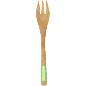 A bamboo fork with a green handle, designed for serving or eating purposes.