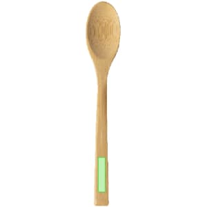 A wooden spoon with a light green handle, featuring a smooth and curved design.