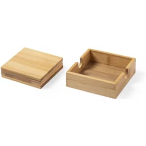 A bamboo coaster set featuring a square base with a lid and a separate holder. The natural wood finish adds elegance.