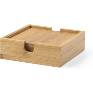 A bamboo coaster set with a square holder. Natural wood finish, featuring a simple, modern design.