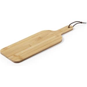 A bamboo cutting board with a handle and a leather strap, showcasing a natural wood finish.