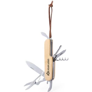A multifunction pocket knife with silver tools and a wooden handle, featuring a leather strap and a logo.