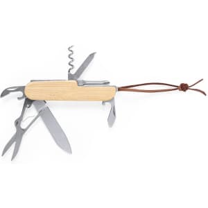 A multifunction pocket knife with a wooden handle and stainless steel tools, including scissors, a corkscrew, and blades.