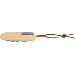A multifunction pocket knife with a wooden handle, silver accents, and a leather strap. It has a sleek and compact design.