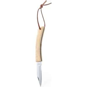 A pocket knife with a wooden handle and a silver blade, featuring a leather strap for attachment.
