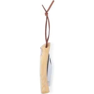 A pocket knife with a wooden handle and a silver blade, attached to a leather cord.
