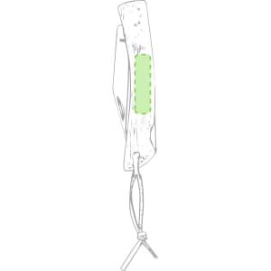 A pocket knife with a wooden handle and a green accent, featuring a lanyard for easy carrying.