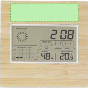A weather station device with a bamboo frame displaying temperature, humidity, and forecast information.