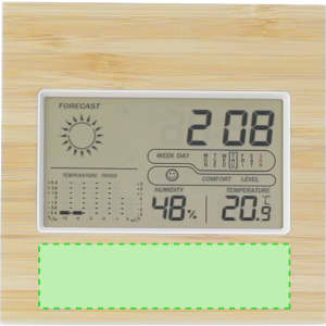 A bamboo weather station with a digital display showing forecast, temperature, humidity, and comfort level indicators.