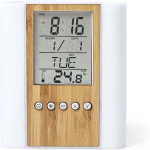A digital clock with a bamboo-style face displaying time, date, day, and temperature. It features white casing and buttons.