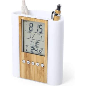 A multifunction pencil holder in white and bamboo, featuring a digital clock display and buttons.