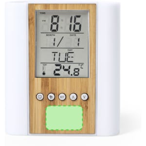 A multifunctional digital clock with a bamboo design, displaying time, date, and temperature. Features buttons and a logo.