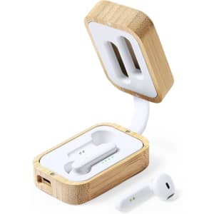 A pair of white earphones inside a bamboo charging case with a clean design and a visible charging indicator.