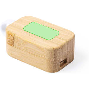 A bamboo charging block with a green section and a USB port, featuring a natural wood finish and a logo.