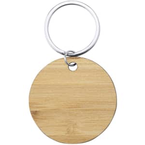 A round bamboo keyring with a metal attachment, featuring a smooth, natural finish.