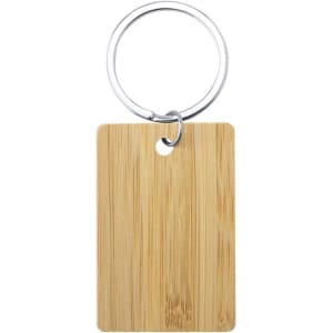 A rectangular bamboo keyring with a metal ring, featuring a natural wood texture.
