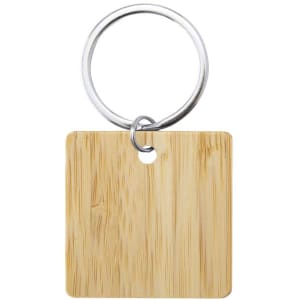 A square bamboo keyring attached to a metal ring. The keyring features a natural wood finish.