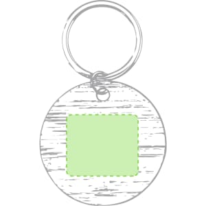 A round, wooden keyring with a silver metal loop, featuring a blank green square for personalisation.