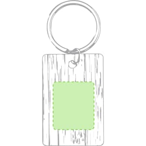 A wooden keyring with a green rectangular area for custom design and a metal attachment ring.