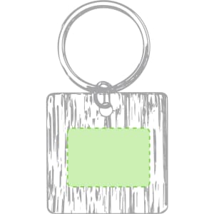 A square, wooden-style keyring with a green insert space and a metal keyring attachment.