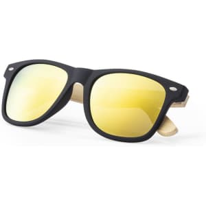 A pair of black sunglasses with yellow gradient lenses and wooden accents. Features a logo on the frame.