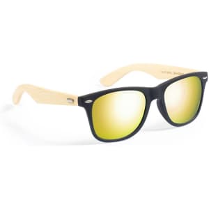 Sunglasses with black frames and bamboo arms featuring mirrored gold lenses. Includes a logo on the side.