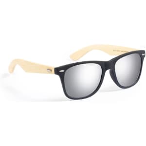 Black sunglasses with silver mirrored lenses and natural bamboo arms, featuring a brand logo on the side.