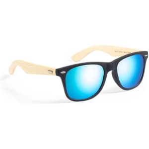 Sunglasses featuring a black frame and blue mirrored lenses with wooden arms. Includes branding on the side.
