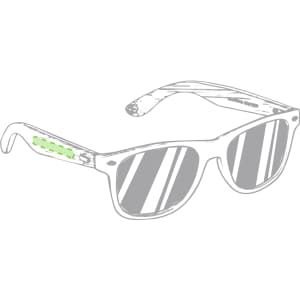 A pair of lightweight sunglasses with clear frames and grey-tinted lenses, featuring a green accent on the arm.