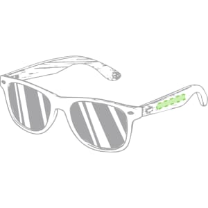 Stylish sunglasses in clear frames with green accents, featuring striped reflective lenses and a branded logo.