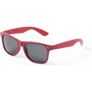 Red sunglasses with grey lenses, featuring a logo on the arm, suitable for leisure and outdoor use.
