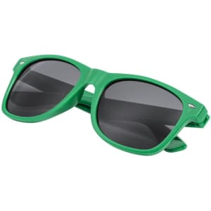 Green sunglasses with dark lenses, featuring a sleek design and a logo on the side.