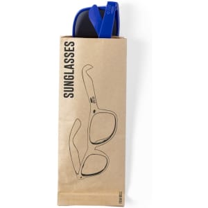 A pair of black sunglasses with blue accents, packaged in a brown paper bag featuring a sunglass illustration.