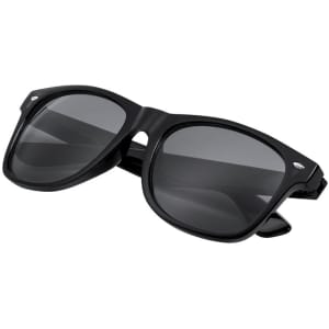 Black sunglasses with a sleek design, featuring dark lenses and a logo on the frame.